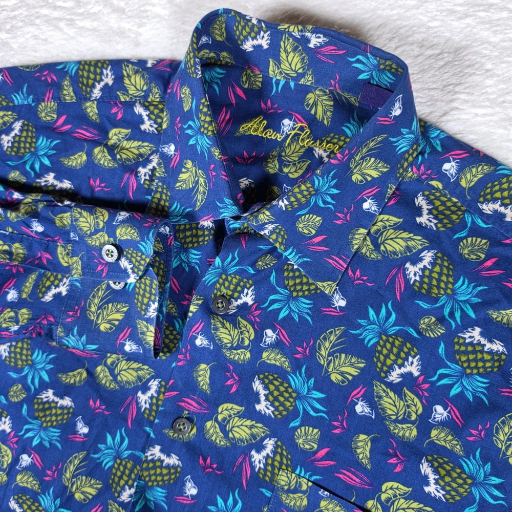 Alan Flusser Pineapple Print Mens M Blue Cotton Button up L/S Tropical Shirt